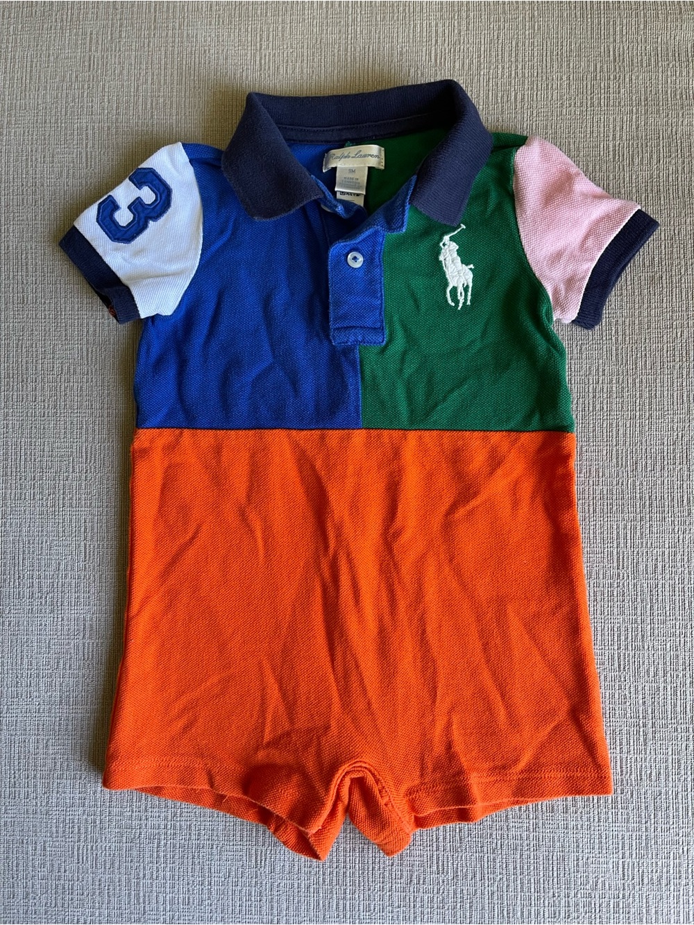 Ralph Lauren Colorblock Polo Romper in Blue, Green, Orange & Pink